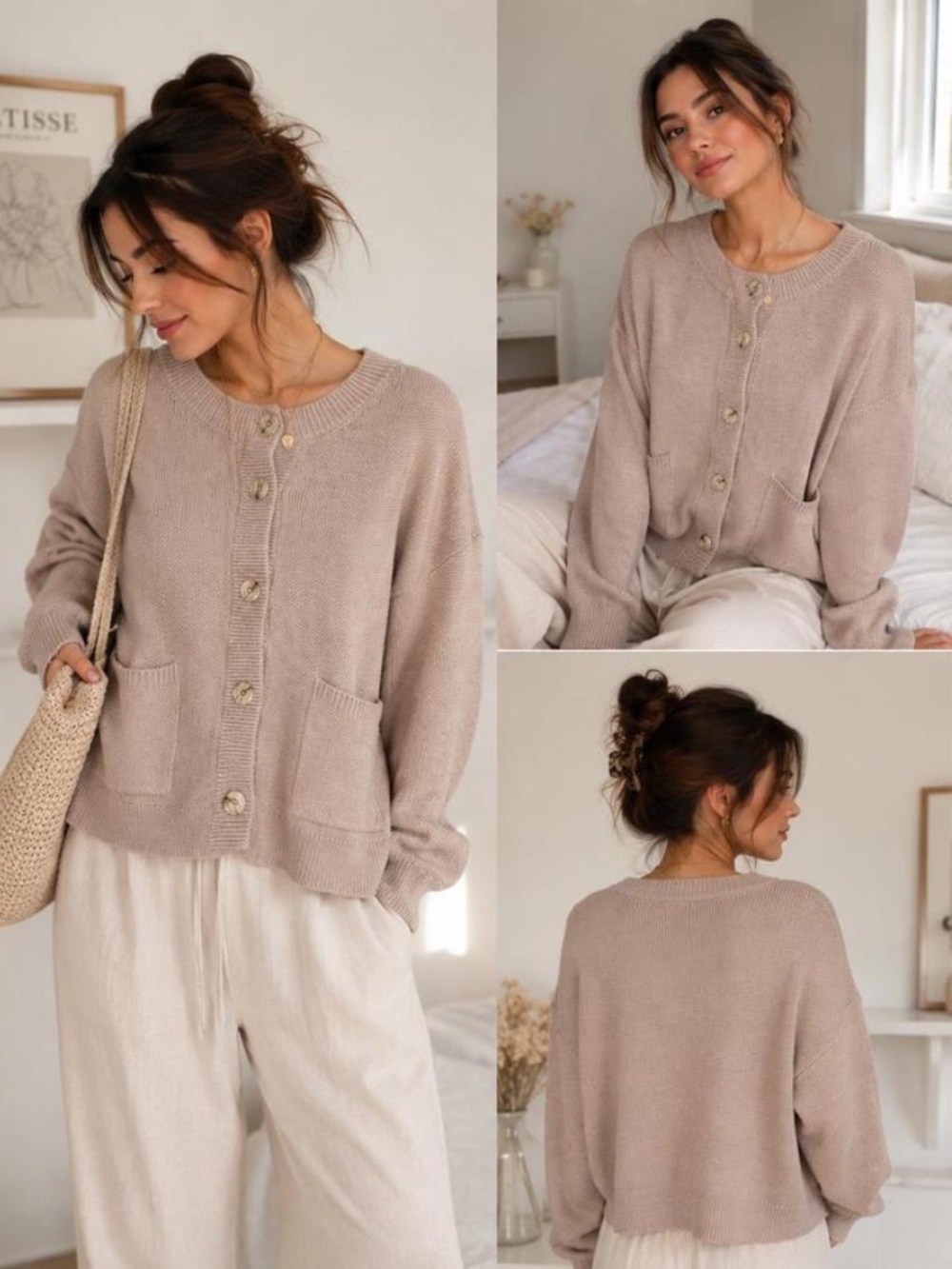 Bare Knitwear Taupe Chunky Knit Cardigan Oversized Pocket Sweater M/L